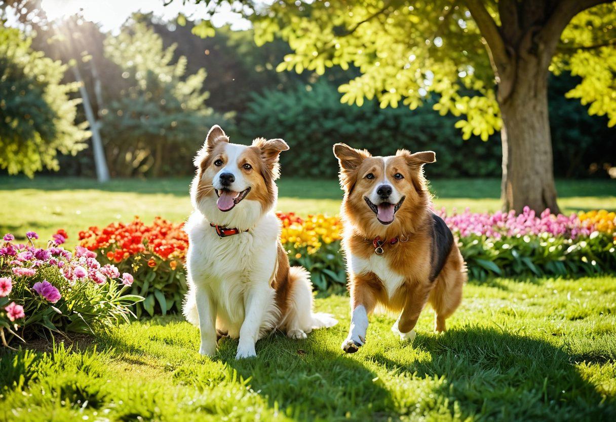 A heartwarming scene of a joyful dog and its owner playing in a sunlit park, surrounded by lush greenery and colorful flowers. The dog's fur shines with a golden hue, conveying happiness, while the owner's face beams with joy and love. Include playful elements like a frisbee and a dog toy scattered around. Capture the essence of companionship and care. super-realistic. vibrant colors. warm lighting.