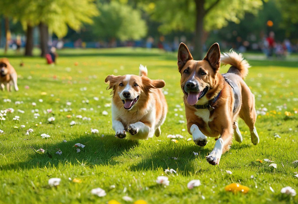 A joyful scene of dogs engaged in various activities like playing fetch, swimming, and participating in training sessions at a sunny park, surrounded by happy owners. Include a vibrant mix of breeds, with colorful toys and agility equipment in the background. Capture the essence of companionship and health, with green grass and blooming flowers enhancing the atmosphere. super-realistic. vibrant colors. 3D.