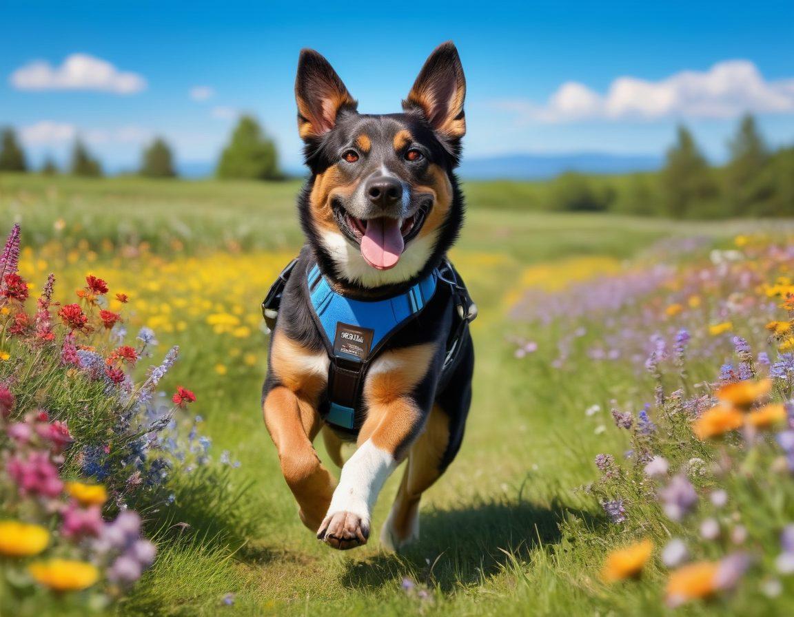 A cheerful, healthy working dog running joyfully in a sunny field, surrounded by vibrant wildflowers and a clear blue sky. The dog is wearing a harness and wagging its tail, symbolizing happiness and vitality. Include playful elements like a frisbee and a couple of playful puppies in the background. The scene radiates positivity and well-being. vibrant colors. super-realistic.
